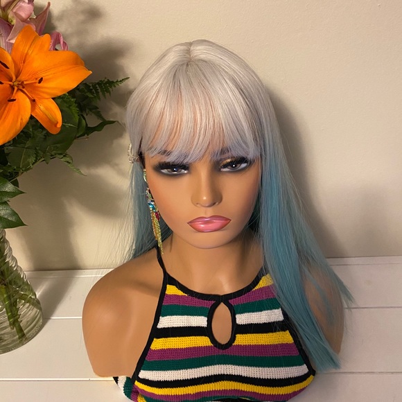 Silver to blue ombré bang straight wig - Picture 7 of 10